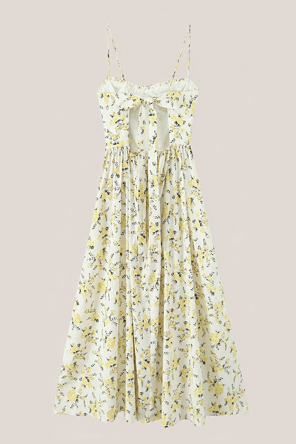 Vintage Rose Printed Sweetheart A - Line Cotton Midi Dress in Yellow - SHE IS ME Dresses