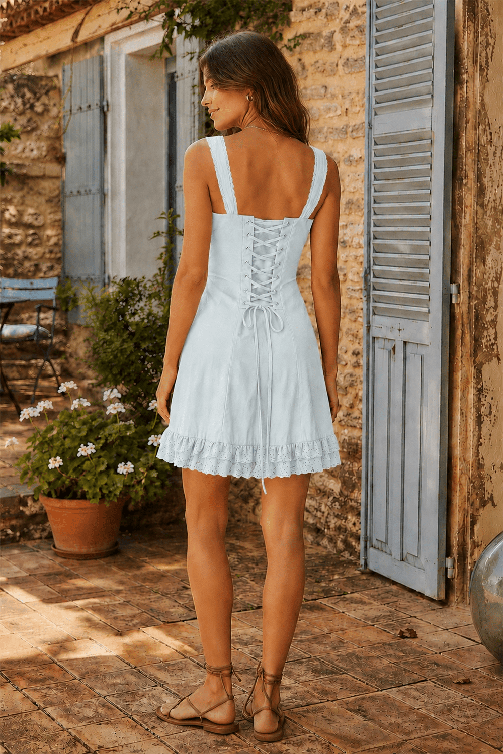 Vintage Sheath Spaghetti Strap Lace Cotton Mini Dress in Blue - SHE IS ME Dresses