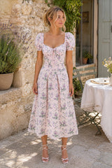 Vintage Square Neck A - Line Rose Printed Cotton Midi Dress in Pink - KISS BRIDAL Dresses