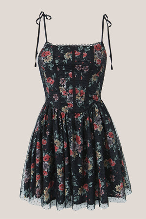 Vintage Square Neck Rose Printed Cotton Mini Dress in Black - SHE IS ME Dresses