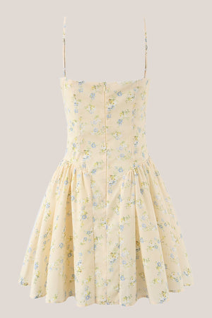 Vintage Sweetheart A - Line Rose Printed Cotton Mini Dress in Yellow - SHE IS ME Dresses