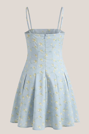 Warm A - Line Rose Printed Cotton Mini Dress in Blue - SHE IS ME Dresses