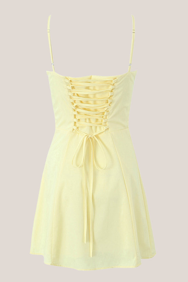 Warm A - Line Square Neck Cotton Mini Dress in Yellow - SHE IS ME Dresses