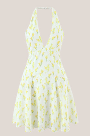 Warm Halter Rose Printed Cotton Mini Dress in Yellow - SHE IS ME Dresses