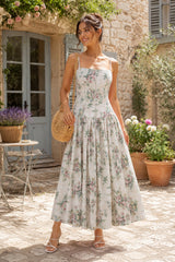 Warm Rose Printed Square Neck A - Line Cotton Midi Dress in Green - KISS BRIDAL Dresses