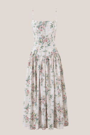 Warm Rose Printed Square Neck A - Line Cotton Midi Dress in Green - SHE IS ME Dresses