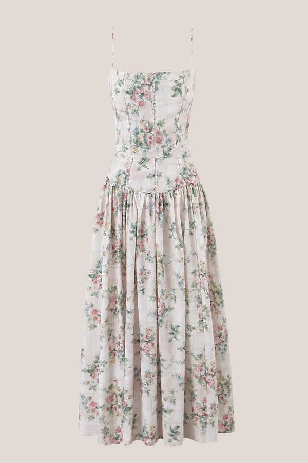 Warm Rose Printed Square Neck A - Line Cotton Midi Dress in Green - SHE IS ME Dresses