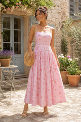 Warm Rose Printed Square Neck A - Line Cotton Midi Dress in Pink - KISS BRIDAL Dresses