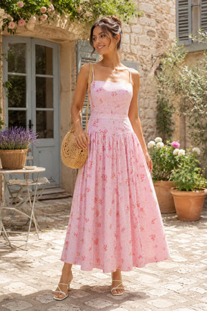 Warm Rose Printed Square Neck A - Line Cotton Midi Dress in Pink - SHE IS ME Dresses