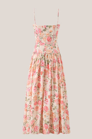 Warm Rose Printed Square Neck A - Line Cotton Midi Dress in Red - SHE IS ME Dresses