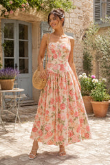 Warm Rose Printed Square Neck A - Line Cotton Midi Dress in Red - KISS BRIDAL Dresses