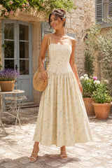Warm Rose Printed Square Neck A - Line Cotton Midi Dress in Yellow - KISS BRIDAL Dresses