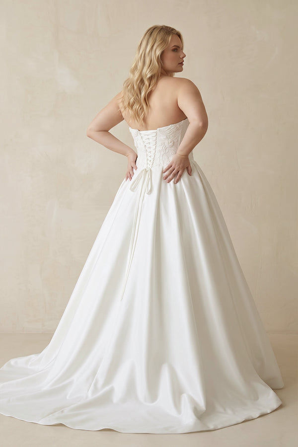 White 3D Floral Strapless Corset Satin Wedding Gown (2) [sizeplus] | KISSBRIDAL
