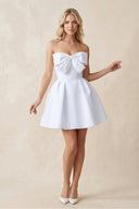 White A-Line Bow Strapless Satin MIni Wedding Dress | KISSBRIDAL