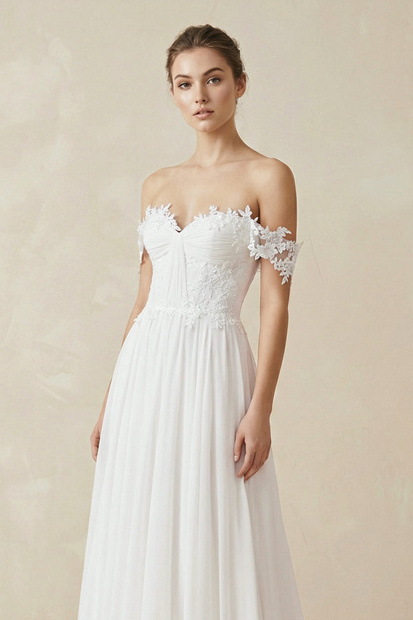 White A line Chiffon Off - Shoulder Wedding Dress - SHE IS ME Wedding Dresses