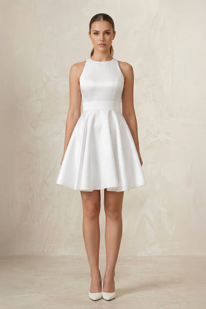White A-Line Halter Neck Satin Ruched Wedding Dress | KISSBRIDAL