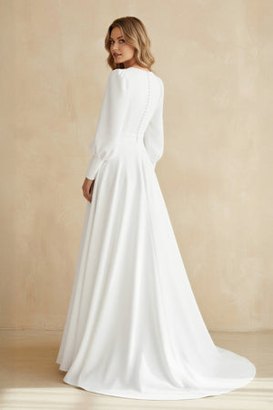 White A Line Long Sleeves Satin Wedding Dress (2) | KISSBRIDAL