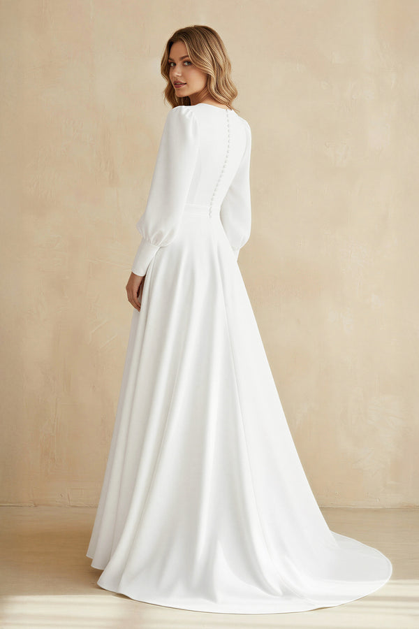 White A Line Long Sleeves Satin Wedding Dress (2) | KISSBRIDAL