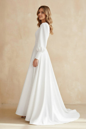 White A Line Long Sleeves Satin Wedding Dress (3) | KISSBRIDAL