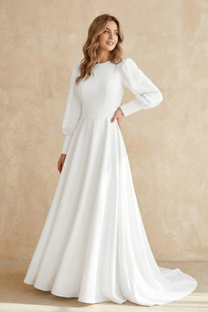 White A Line Long Sleeves Satin Wedding Dress | KISSBRIDAL