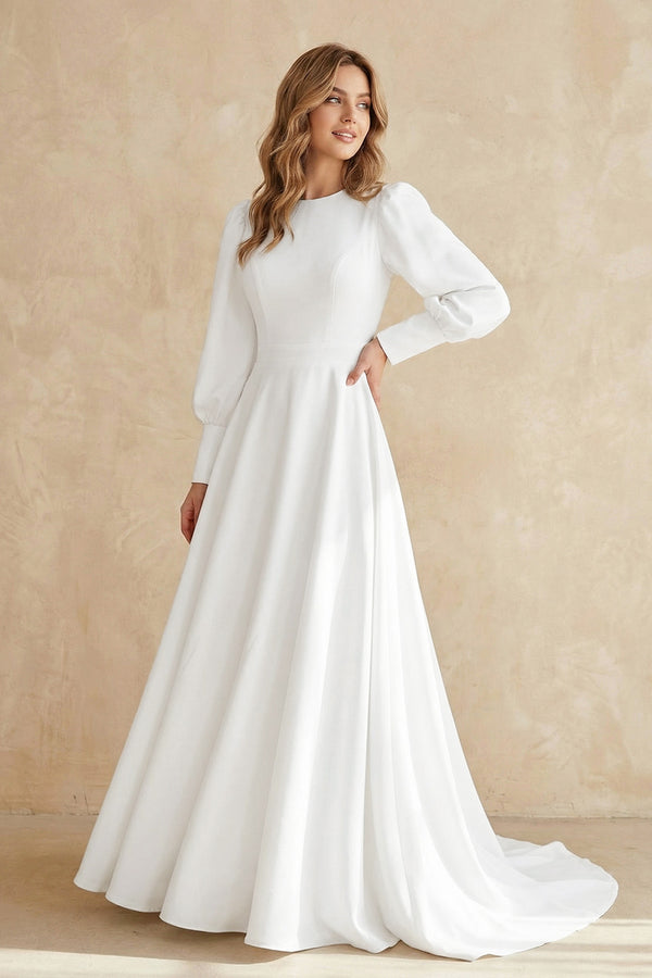 White A Line Long Sleeves Satin Wedding Dress | KISSBRIDAL