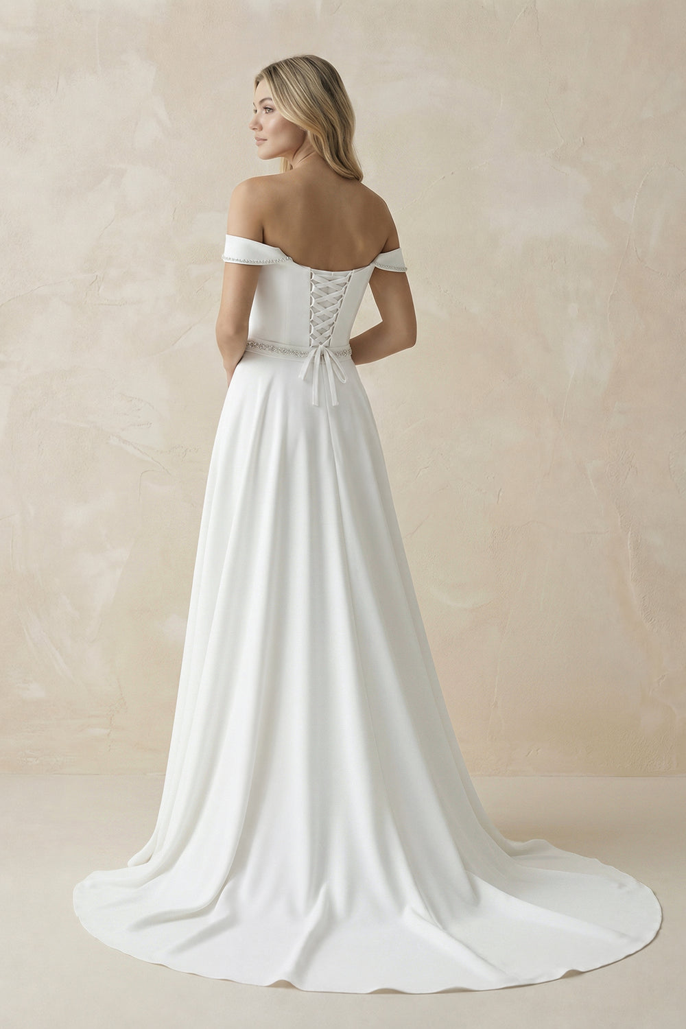 A - Line Off the Shoulder Beaded Wedding Dress - KISS BRIDAL Wedding Dresses
