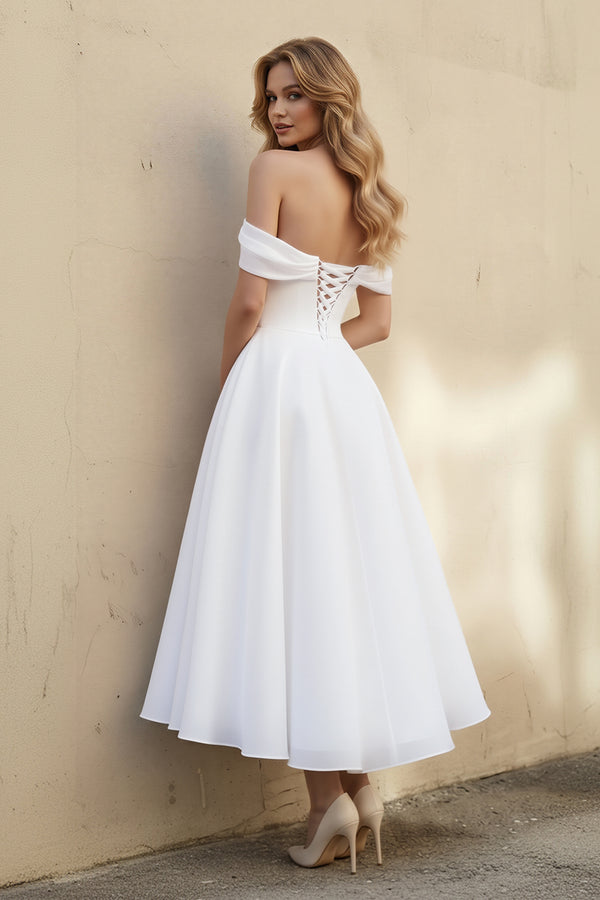 White A Line Off The Shoulder Organza Wedding Dress (2) | KISSBRIDAL