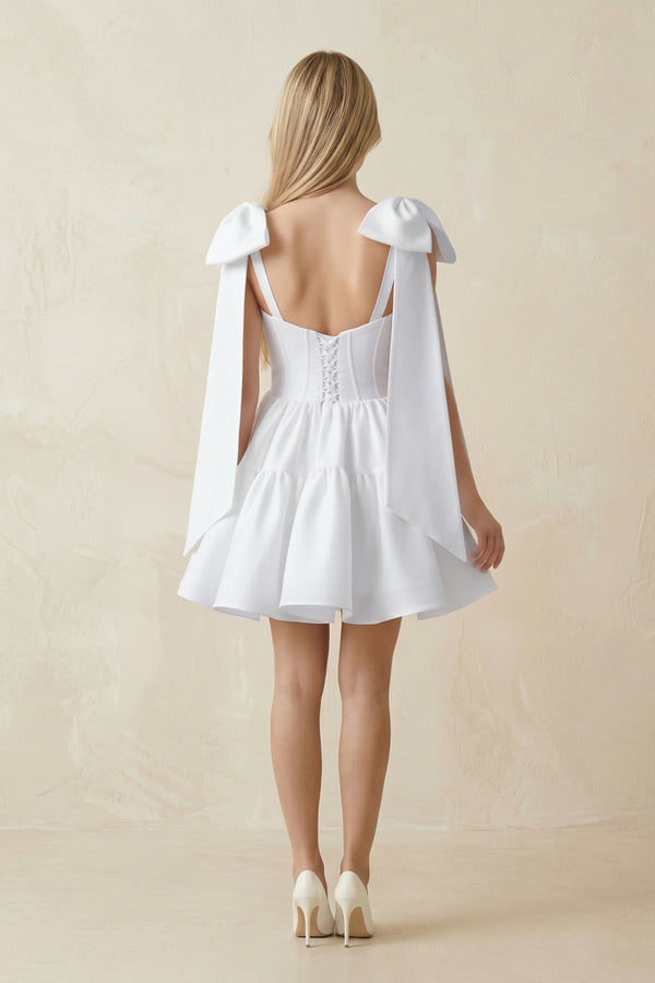 White A-Line Satin Corset Mini Wedding Dress With Bow (2) | KISSBRIDAL