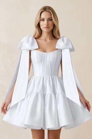 White A-Line Satin Corset Mini Wedding Dress With Bow (3) | KISSBRIDAL