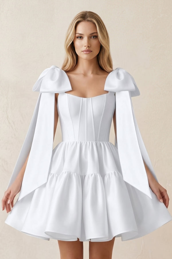 White A-Line Satin Corset Mini Wedding Dress With Bow (3) | KISSBRIDAL