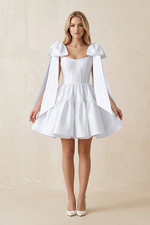 White A-Line Satin Corset Mini Wedding Dress With Bow | KISSBRIDAL