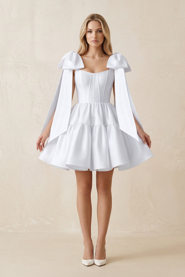 White A-Line Satin Corset Mini Wedding Dress With Bow | KISSBRIDAL
