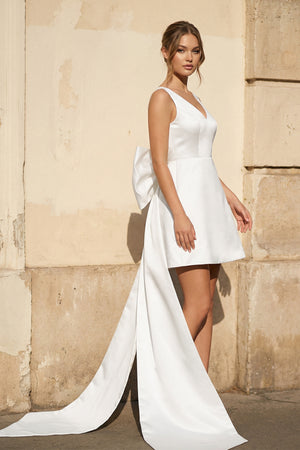 White A Line Satin V Neck Wedding Dress With Bow (3) | KISSBRIDAL