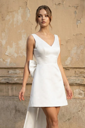 White A Line Satin V Neck Wedding Dress With Bow | KISSBRIDAL