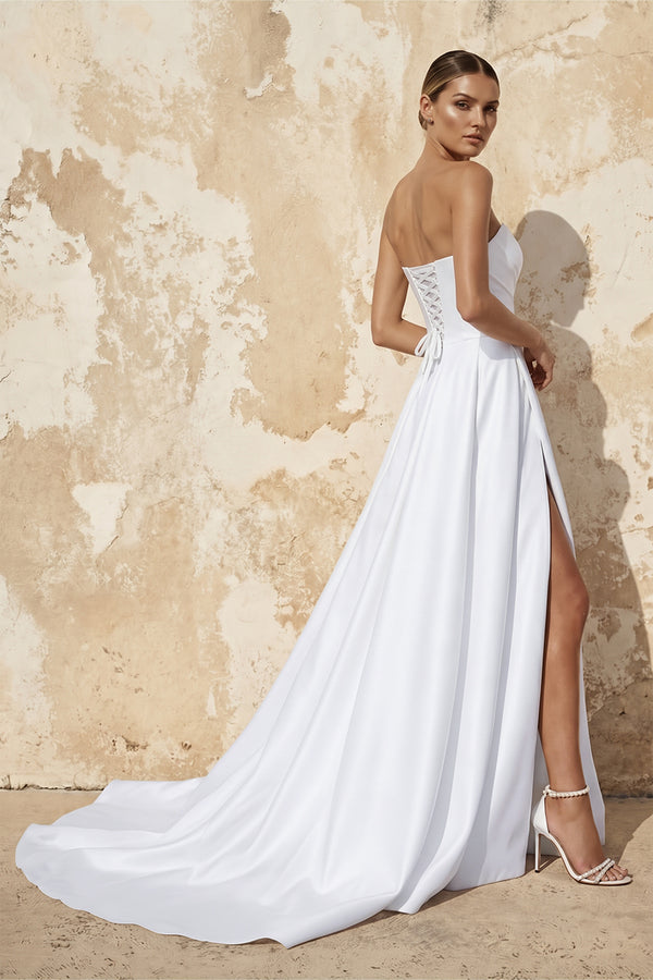 White A Line Satin Wedding Dress With Slit (2) | KISSBRIDAL