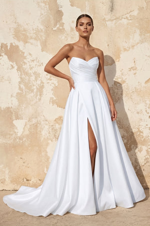 White A Line Satin Wedding Dress With Slit | KISSBRIDAL