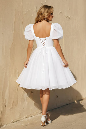 White A Line Short Sleeves Organza Wedding Dress (2) | KISSBRIDAL