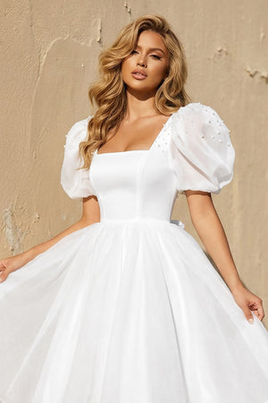 White A Line Short Sleeves Organza Wedding Dress (3) | KISSBRIDAL