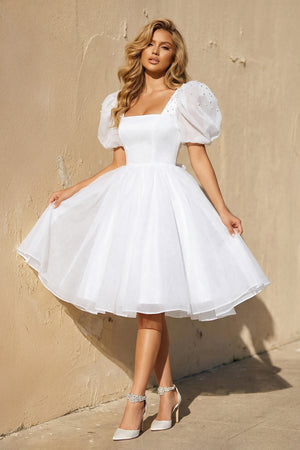 White A Line Short Sleeves Organza Wedding Dress | KISSBRIDAL