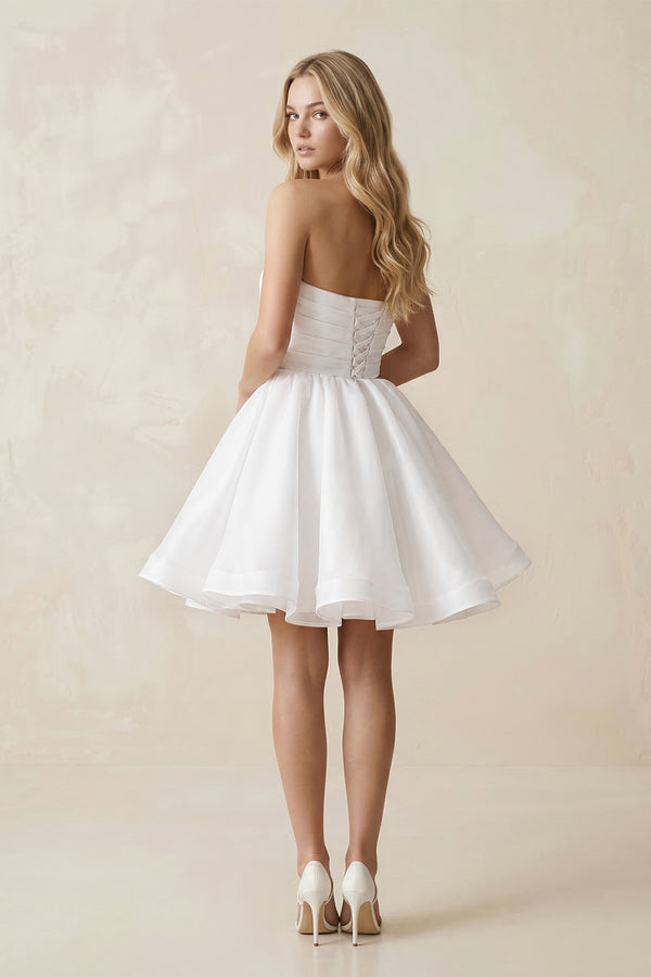 White A-Line Strapless Pleated Organza Wedding Dress (2) | KISSBRIDAL