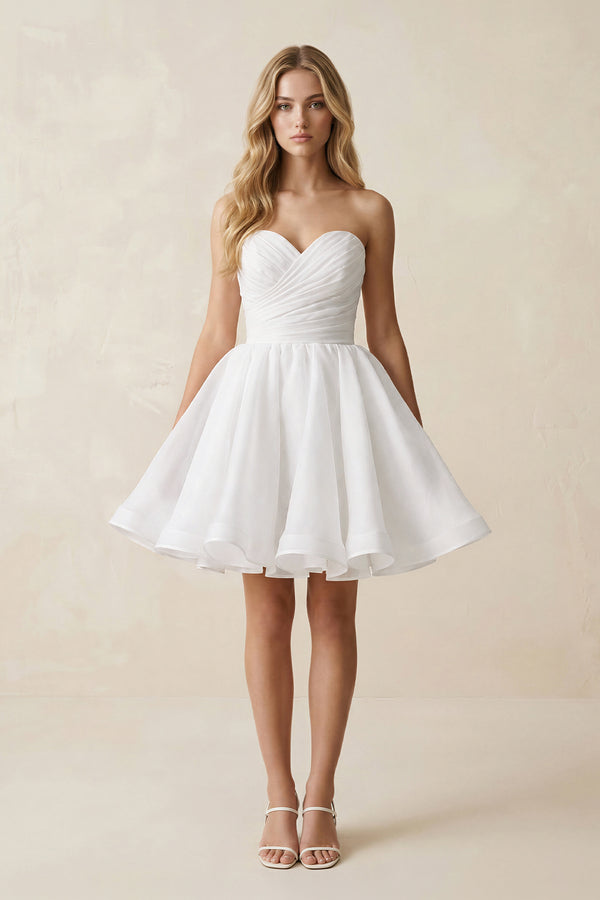 White A-Line Strapless Pleated Organza Wedding Dress | KISSBRIDAL