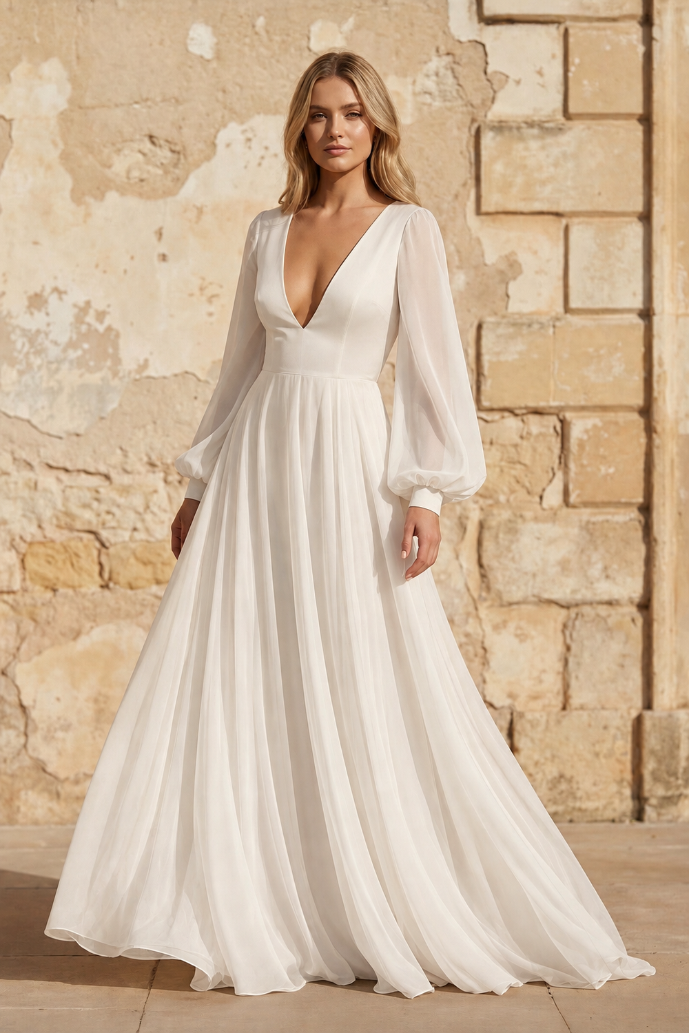 A Line V Neck Satin Long Sleeves Wedding Dress