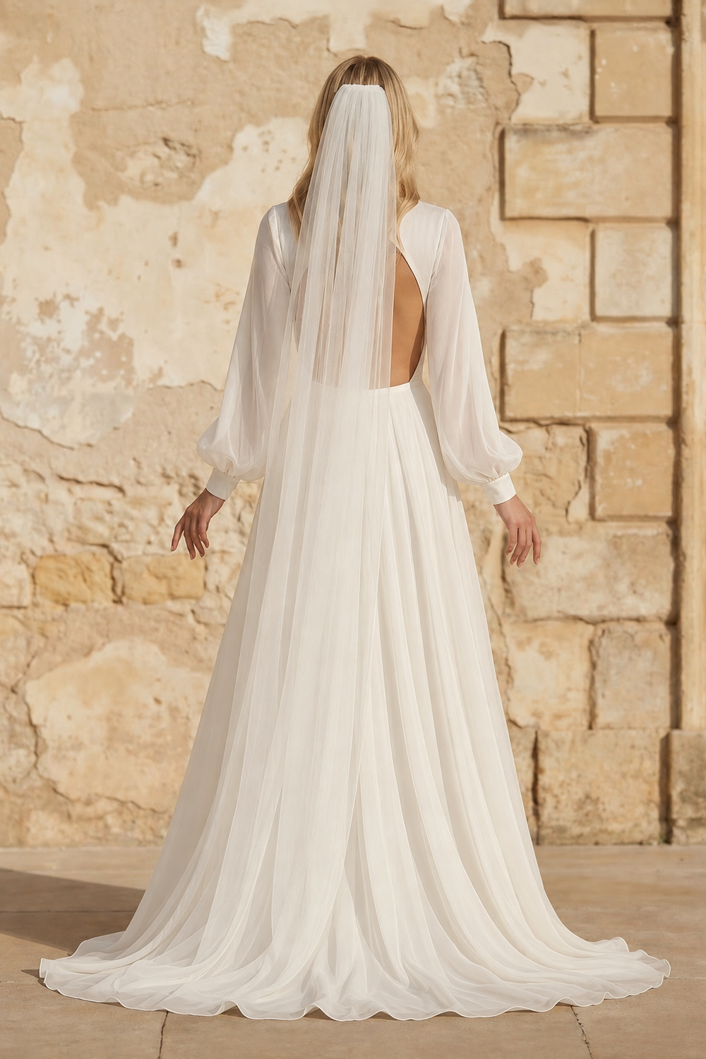 A Line V Neck Satin Long Sleeves Wedding Dress