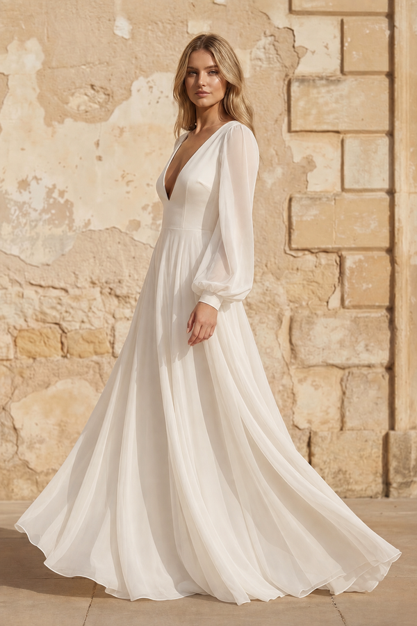 Ivory A Line V Neck Satin Long Sleeves Wedding Dress - KISS BRIDAL Wedding Dresses