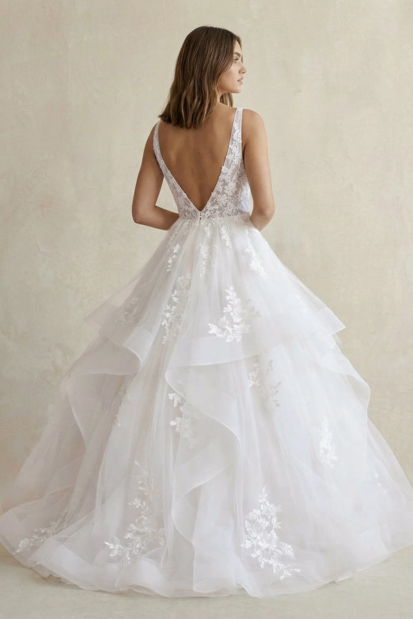 White A - Line V - Neck Wedding Dresses with Appliques - SHE IS ME Wedding Dresses