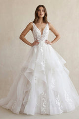 White A - Line V - Neck Wedding Dresses with Appliques - KISS BRIDAL Wedding Dresses