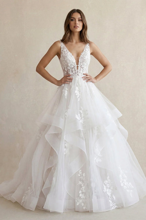 White A - Line V - Neck Wedding Dresses with Appliques - SHE IS ME Wedding Dresses
