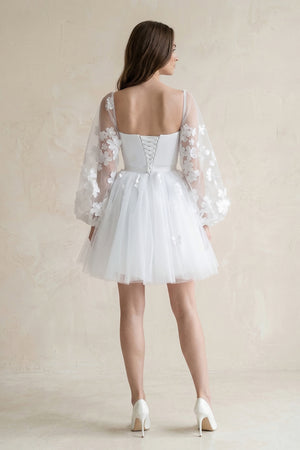 White Appliqued A-Line Tulle Strapless Mini Wedding Dress With Sleeves (2) | KISSBRIDAL
