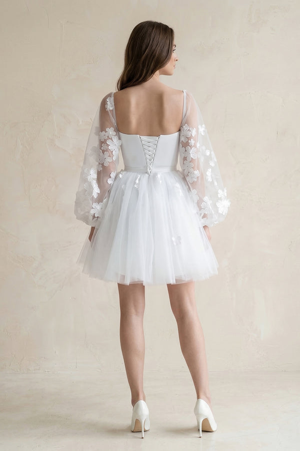 White Appliqued A-Line Tulle Strapless Mini Wedding Dress With Sleeves (2) | KISSBRIDAL