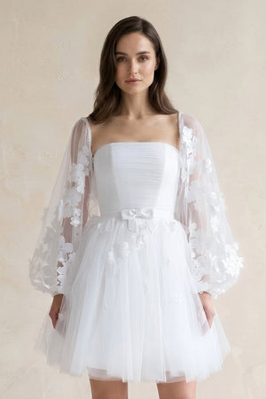 White Appliqued A-Line Tulle Strapless Mini Wedding Dress With Sleeves (3) | KISSBRIDAL